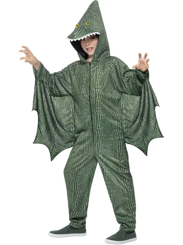 Smiffys Pterodactyl Dinosaur Costume, Green With Hooded Jumpsuit & Attached Wings, Children's Animal Fancy Dress, Animal Dress Up Costumes 1