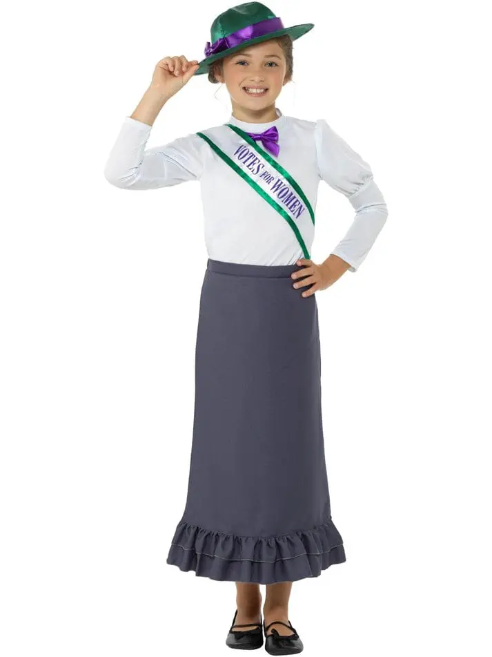 Smiffys Victorian Suffragette Costume, Grey With Skirt, Attached Blouse, Sash & Hat, Girls Fancy Dress, Child Dress Up Costumes 1