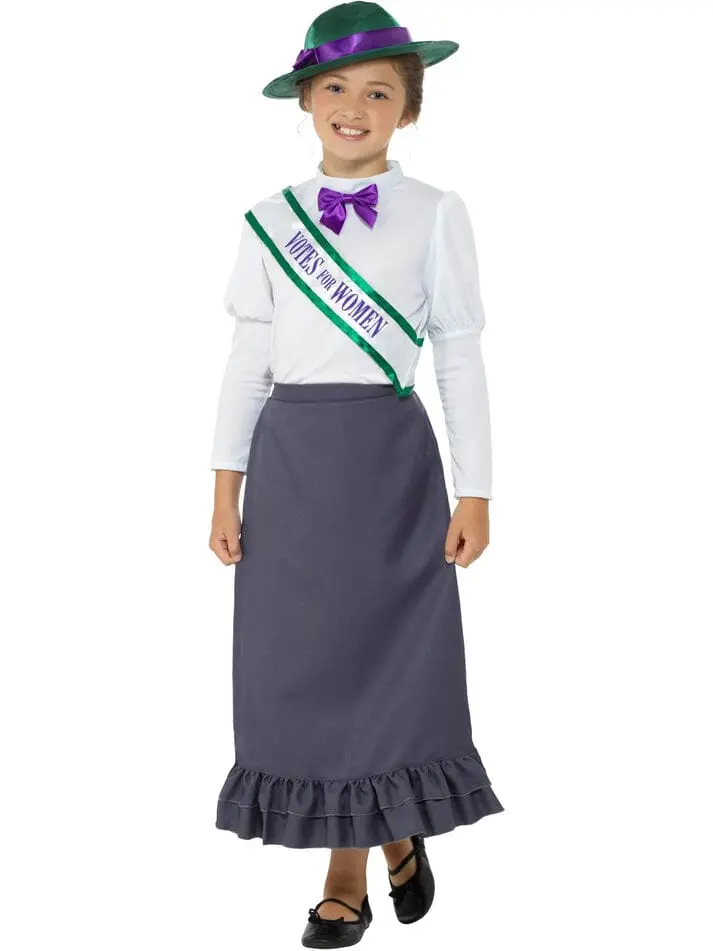 Smiffys Victorian Suffragette Costume, Grey With Skirt, Attached Blouse, Sash & Hat, Girls Fancy Dress, Child Dress Up Costumes 2