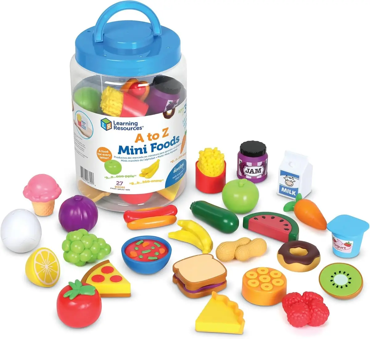Learning Resources A To Z 26 Mini Alphabet Foods, Storage Bucket & Guide!: Play Kitchen, Pretend Play, Preschool Toys - Ages 3+ - Educational Toy 1