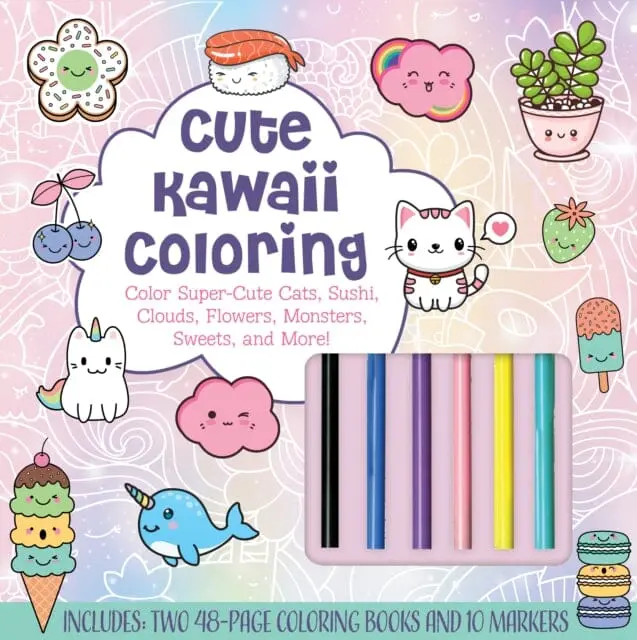 Cute Kawaii Coloring Kit : Color Super-Cute Cats, Sushi, Clouds, Flowers, Monsters, Sweets, And More! Includes: Two 48-Page Coloring Books And 10 Markers By Editors Of Chartwell Books 1