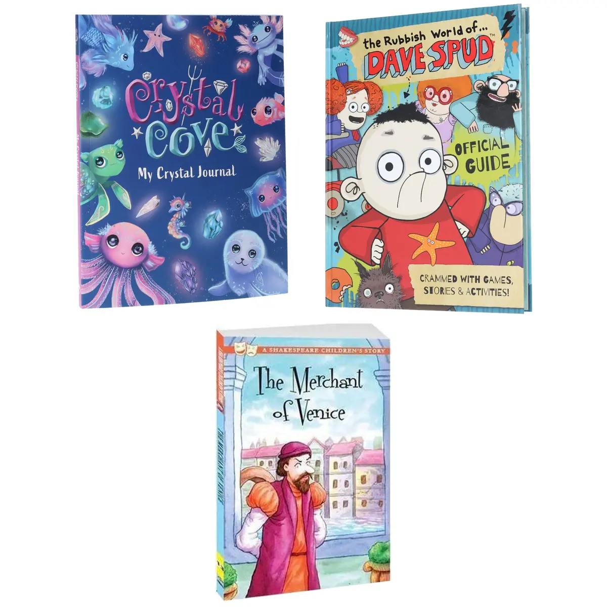 Merchant Of Venice: A Shakespeare Children's Story, Rubbish World Of Dave Spud Official Guide & Crystal Cove Journal: 3 Books Collection Set - Ages 7-9 - Hardback/Paperback 1