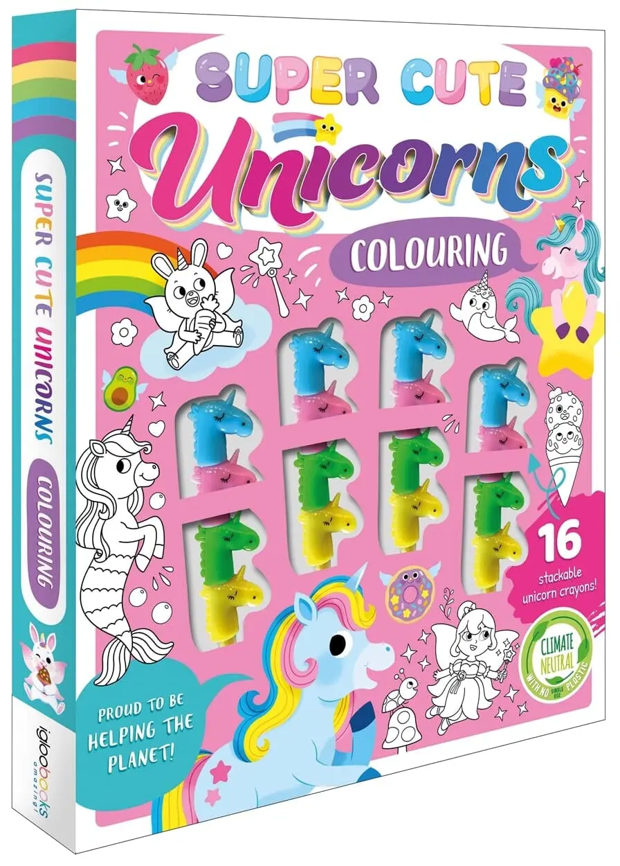 Super Cute Unicorns Colouring Book With 16 Stackable Unicorn Crayons! - Ages 3-6 - Paperback 1
