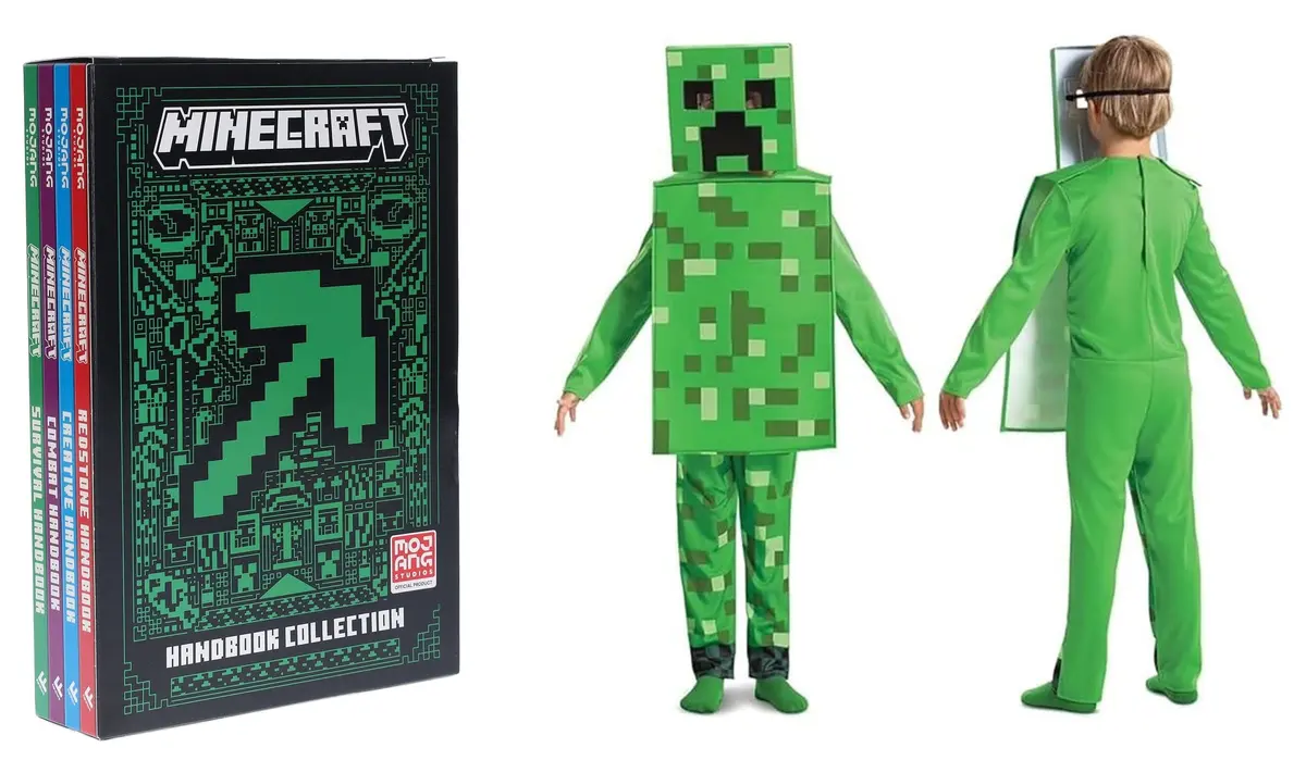 Minecraft Handbook Collection By Mojang Ab 4 Books Set With Minecraft Creeper Costume For Kids 1
