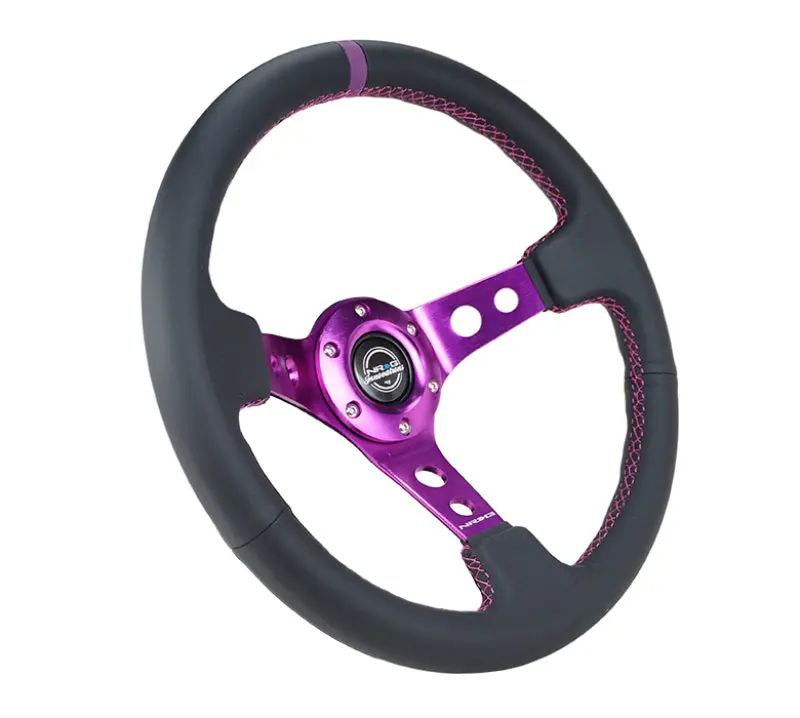 Nrg Reinforced 350Mm Steering Wheel – Black Leather With Purple Center & Stitching (3" Dish Depth) 1